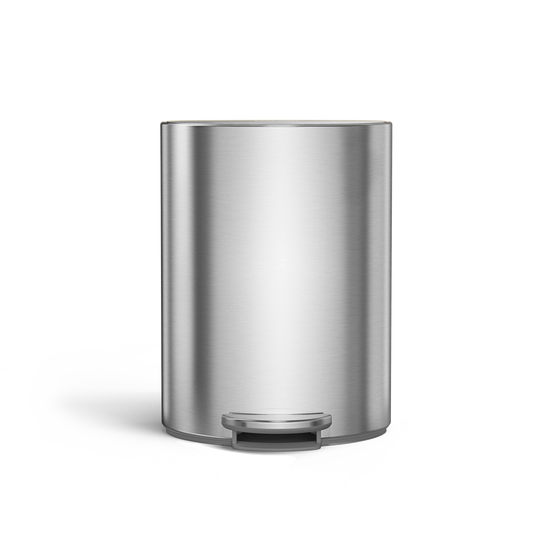 Simplehuman 6L Semi-Round Step Can, Brushed Stainless Steel, front view, durable steel pedal for hands-free use.