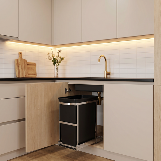 Simplehuman's In-Cabinet Can in a modern kitchen setting.
