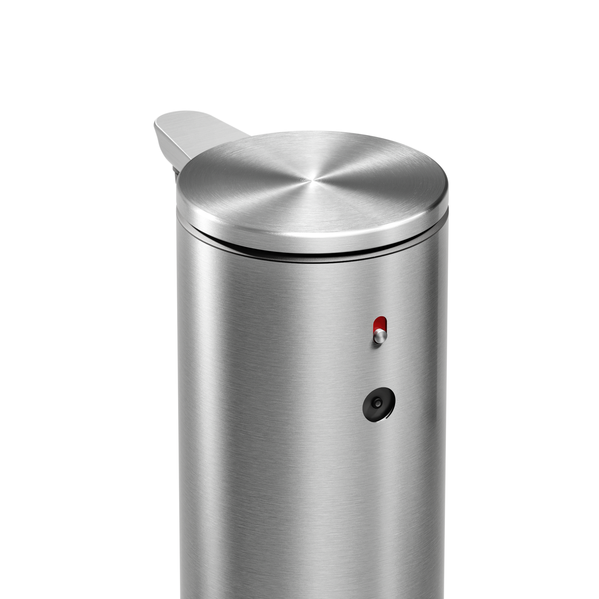 Detail view of Simplehuman 9 oz. Rechargeable Sensor Pump in Brushed Stainless Steel, showing power button and sensor.