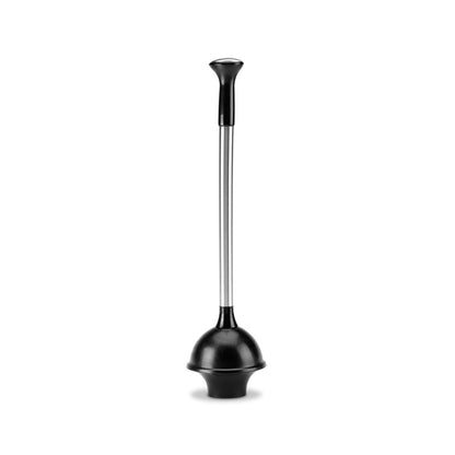 Straight-on view of Simplehuman Black Toilet Plunger, Stainless Steel handle and ergonomic high-performance cup.