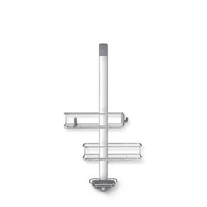 Front view of Simplehuman Polished Stainless Steel Over Door Adjustable Shower Caddy, rust-proof, adjustable storage.