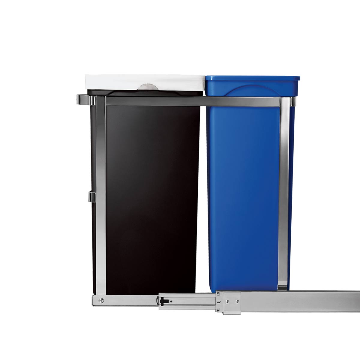 Simplehuman Front view 35L Dual Compartment Under Counter Pull-Out Can, Polished Stainless Steel frame, smooth-glide rails.