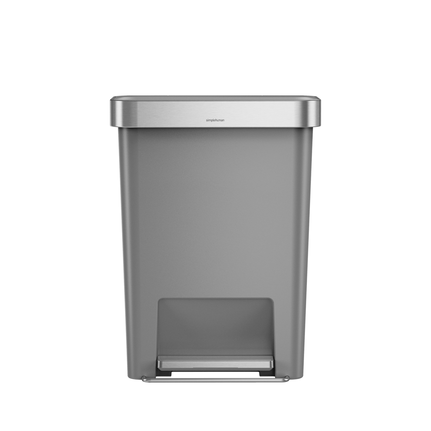 Close-up of Simplehuman 45L Hybrid Step Can, Matte body and Brushed Steel foot pedal for hands-free operation.