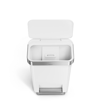Open view of Simplehuman 45L Hybrid Step Can, White/Brushed Steel, showing internal liner pocket.