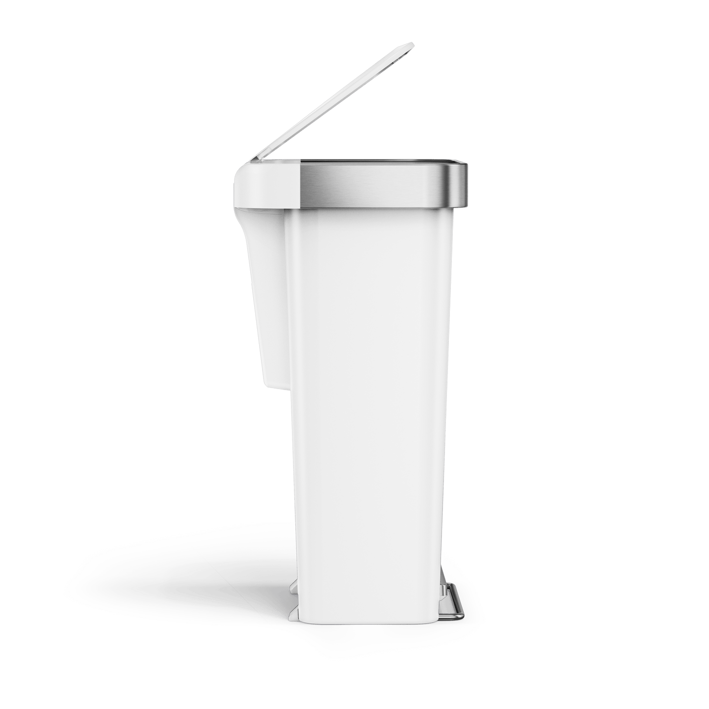 Side view of Simplehuman 45L Hybrid Step Can, White/Brushed Steel, showing open split lid and liner pocket.