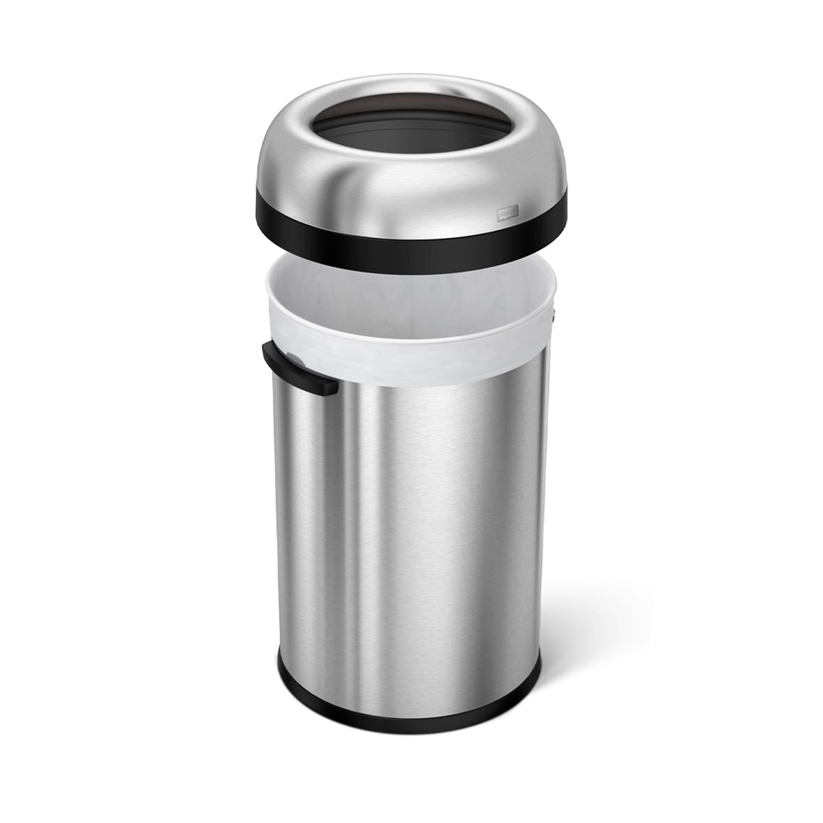 Angled view of Simplehuman 115L Bullet Open Can, Brushed Stainless Steel, showing removable rim and bag tuck.