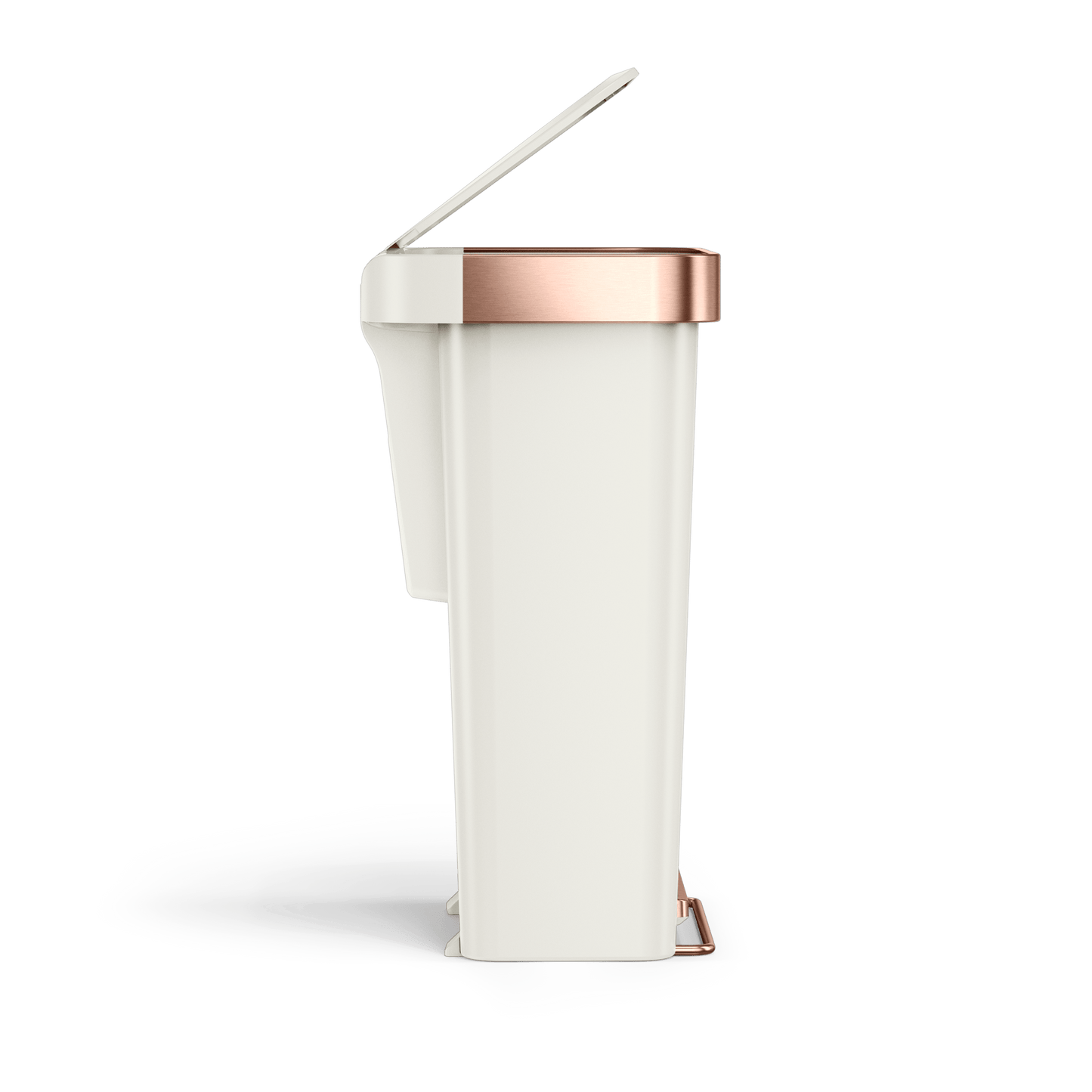 Side view of Simplehuman 45L Hybrid Step Can, Cream/Rose Gold. Partially open split lid shows slim profile.