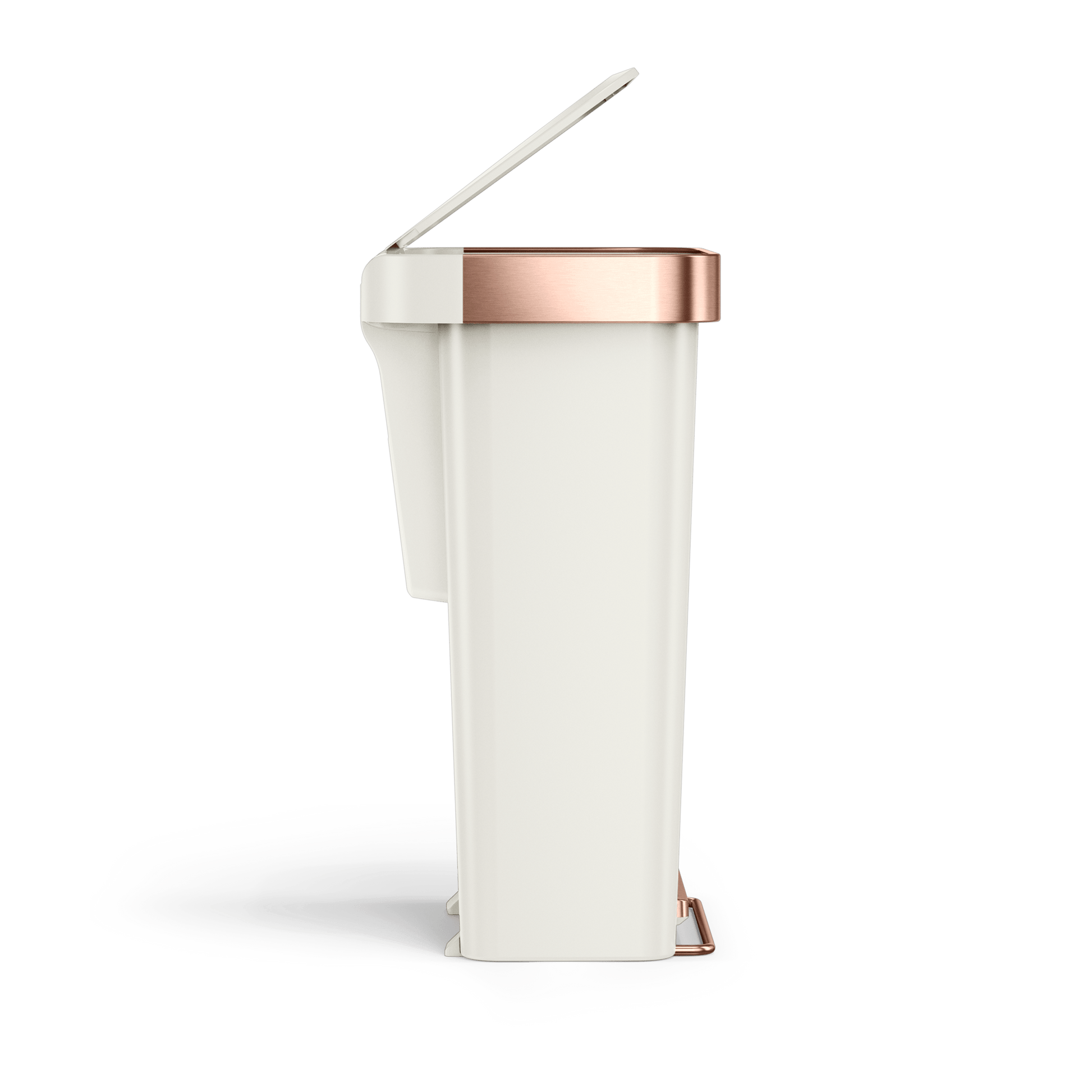 Side view of Simplehuman 45L Hybrid Step Can, Cream/Rose Gold. Partially open split lid shows slim profile.