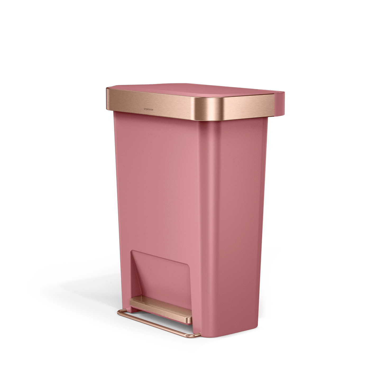 High-angled view of Simplehuman 45L Hybrid Step Can, Dusty Rose/Rose Gold, hands-free pedal operation.