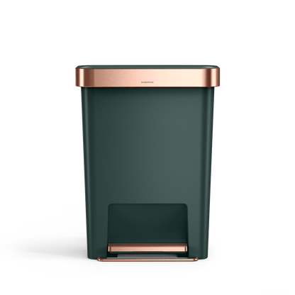 Front view of Simplehuman 45L Hybrid Rectangular Step Can, Dark Green with Rose Gold accents, hands-free foot pedal.