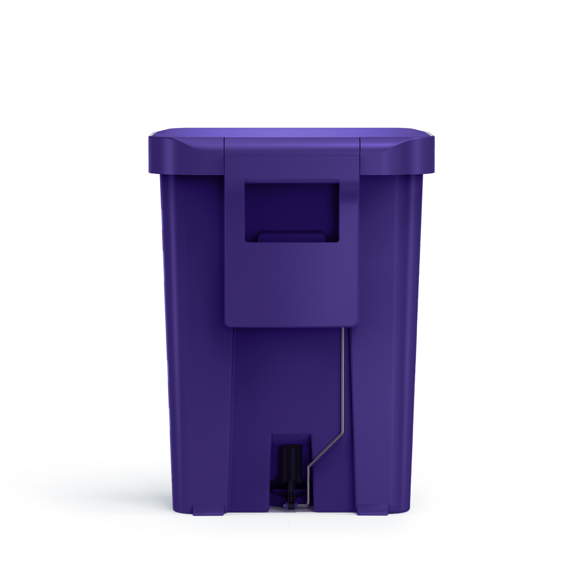 Back view of Simplehuman 45L Hybrid Step Can, Ultra Violet, showing integrated carry handle and pedal mechanism.