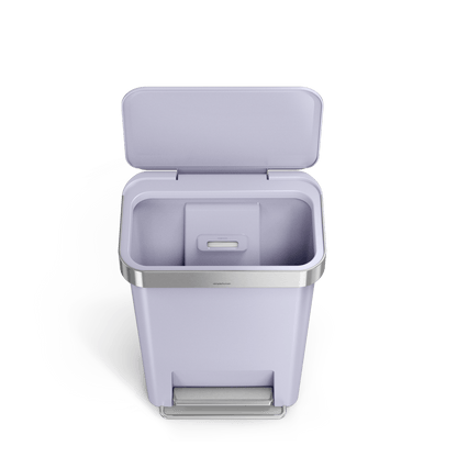 Top-down view of Simplehuman 45L Hybrid Step Can, Ultra Violet/Brushed Steel, open, showing internal liner pocket.