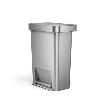 Angled view of Simplehuman 45L Hybrid Rectangular Step Can, Brushed Stainless Steel, hands-free pedal.