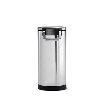Simplehuman Large Pet Food Can, Brushed Stainless Steel, with secure airtight locking handle and fingerprint-proof finish.