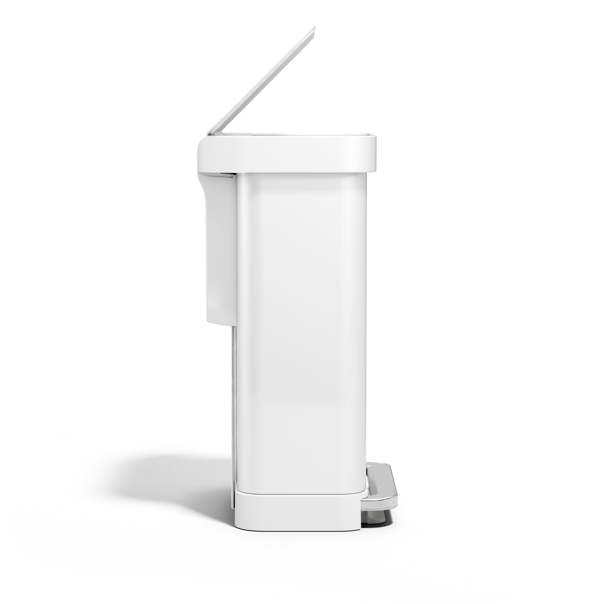 Strict side view of Simplehuman 45L White Step Can with lid open, hands-free step pedal.