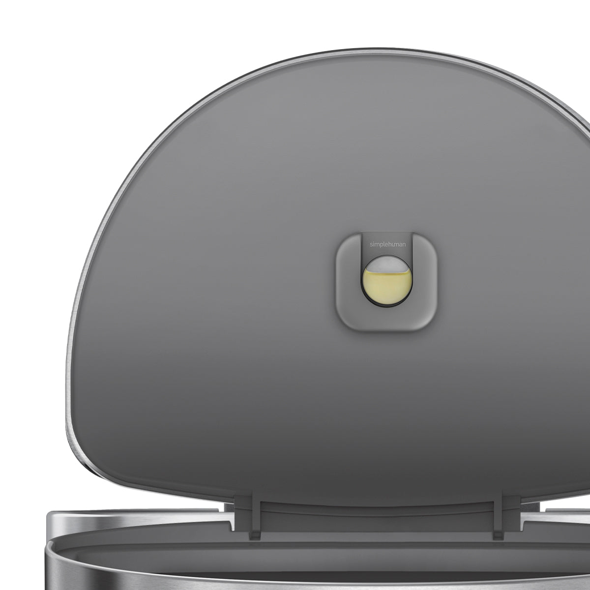 Detail view of Simplehuman 45L Semi-Round Step Can lid interior, showing replaceable odor control pod.