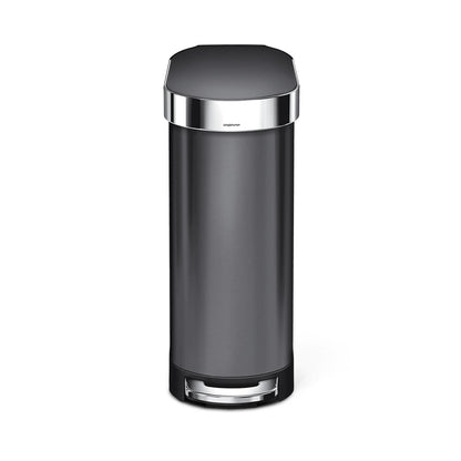 Simplehuman 45L Slim Step Can in Dark Bronze, space-saving profile with polished chrome liner rim and hands-free pedal.
