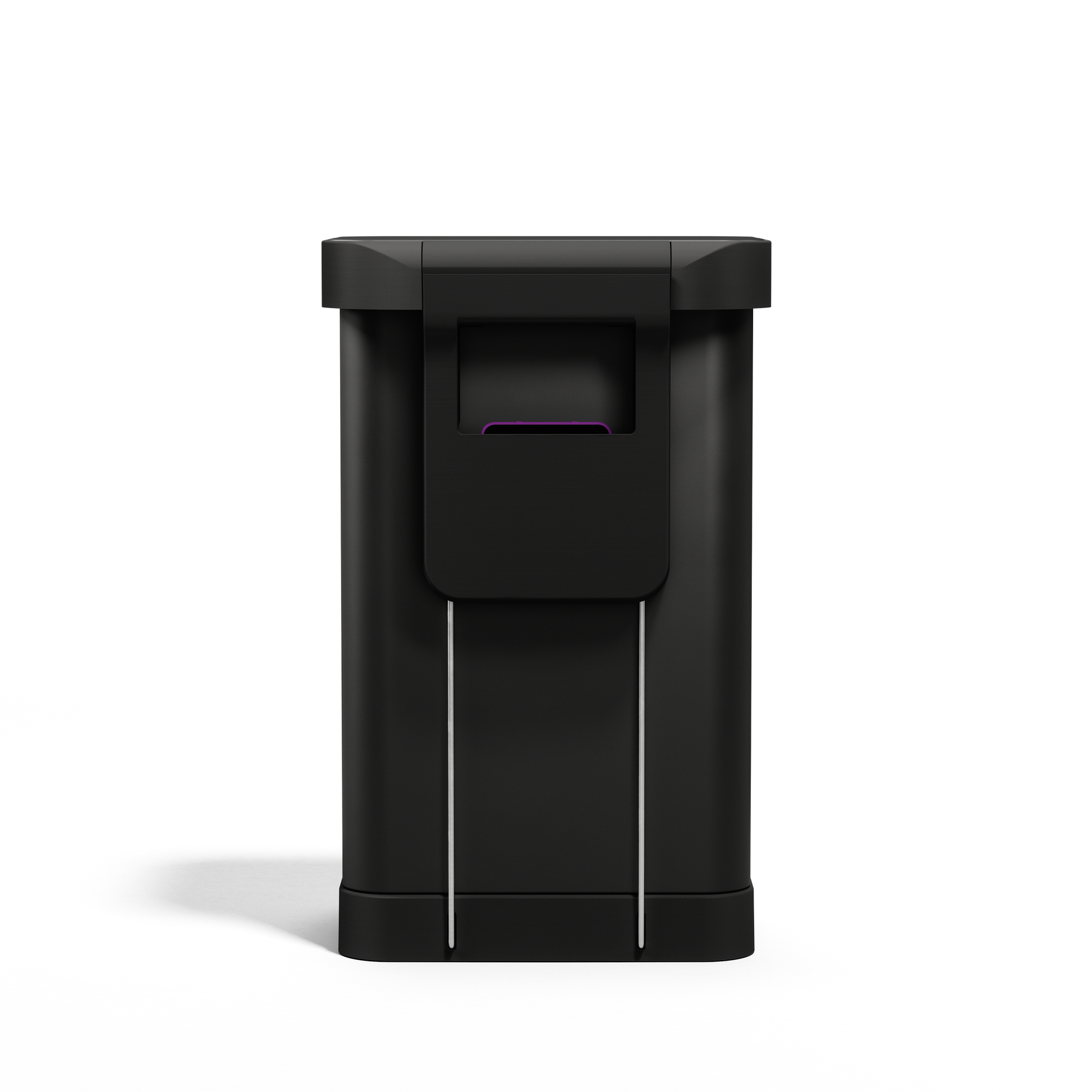 Close-up of Simplehuman 45L Matte Black Step Can liner pocket dispenser slot, easy-dispense design.