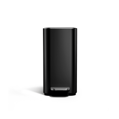 Simplehuman 5L Slim Step Can, Matte Black finish, front view, space-saving slim design.