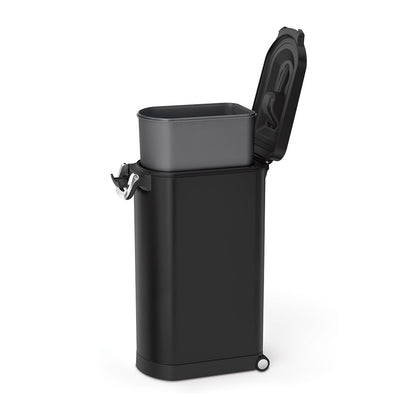 Angled open view, Simplehuman Matte Black Pet Food Can showing removable liner and airtight locking handle.