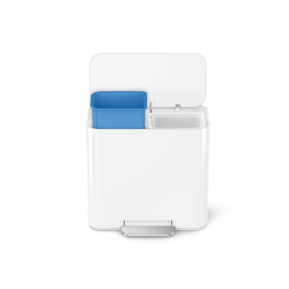 Simplehuman White 15L Mini Recycler Step Can, lid open, detailing dual removable compartments for waste separation.