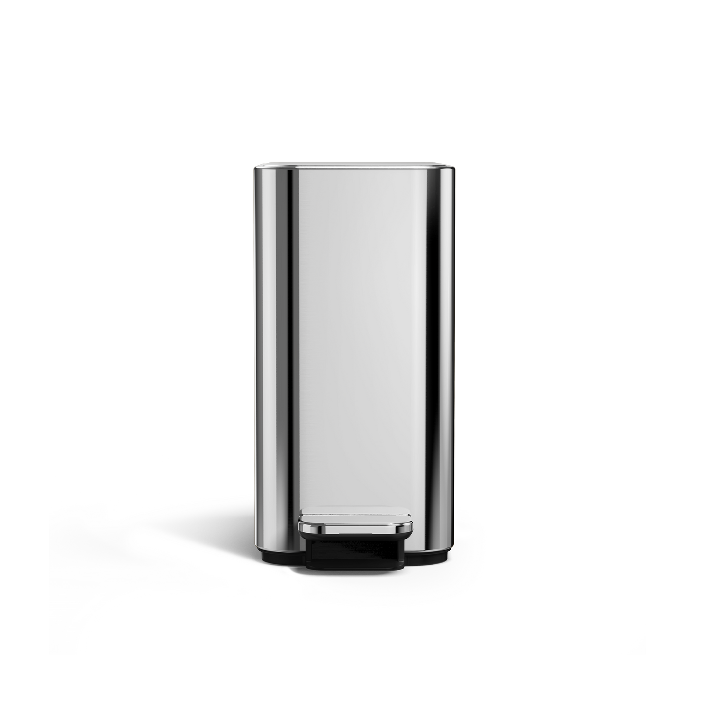 Simplehuman 5L Slim Step Can, Polished Stainless Steel, Front view, hands-free slim design.
