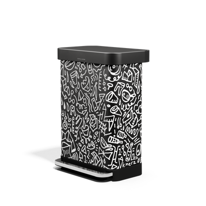 Front angled view of Simplehuman 55L Rectangular Step Can, black graphic print, hands-free pedal, liner pocket.