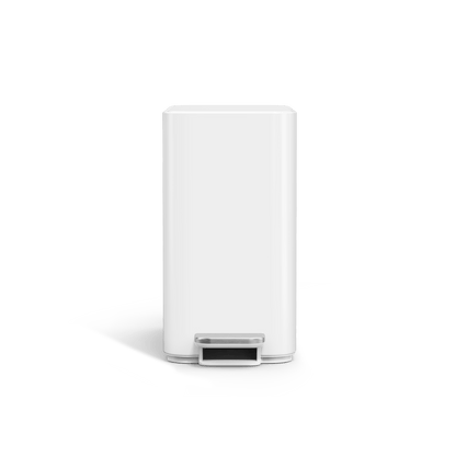 Simplehuman's 9L Slim Step Can in White, front view.