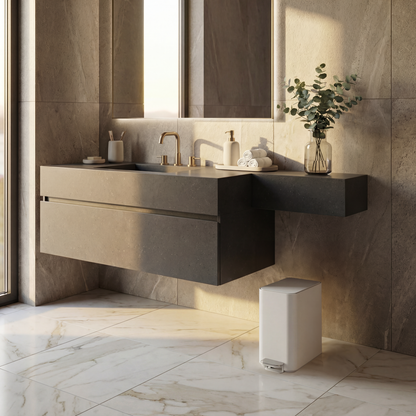 Simplehuman's 5L Slim Step Can in White in a modern bathroom with marble countertop and walls with appliances on the countertop.
