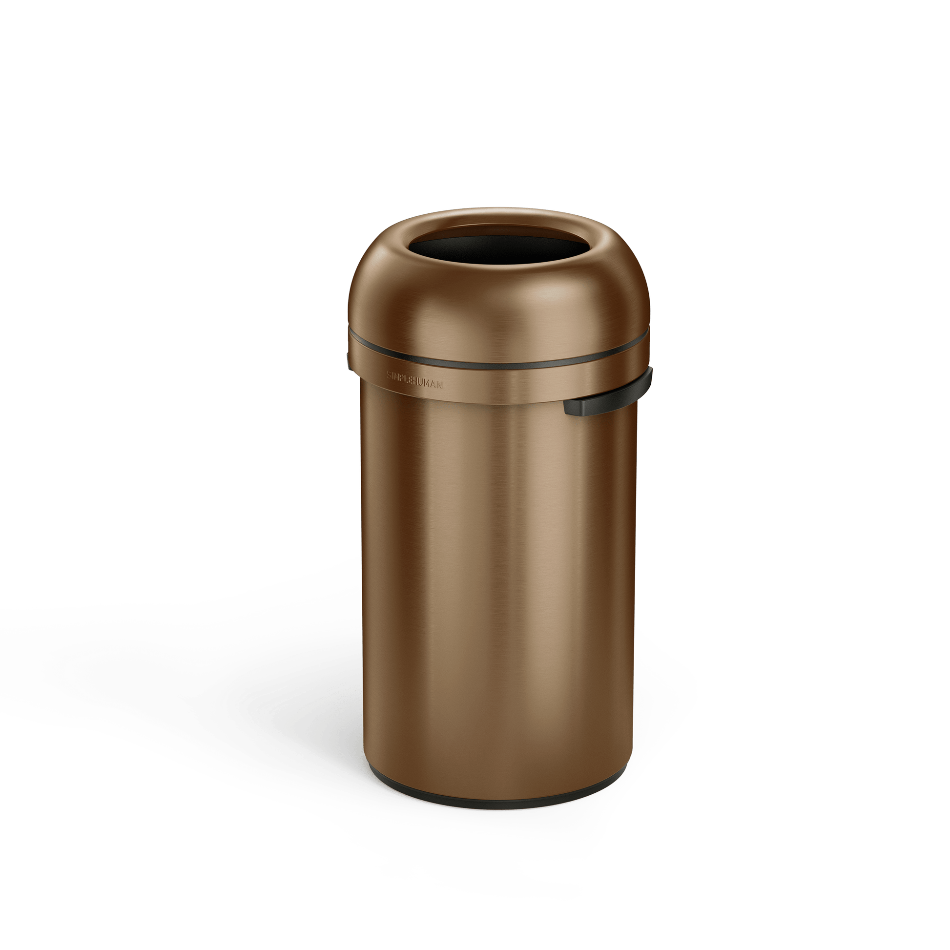 Simplehuman's 60L Bullet Open Can in Bronze, Side Angle.