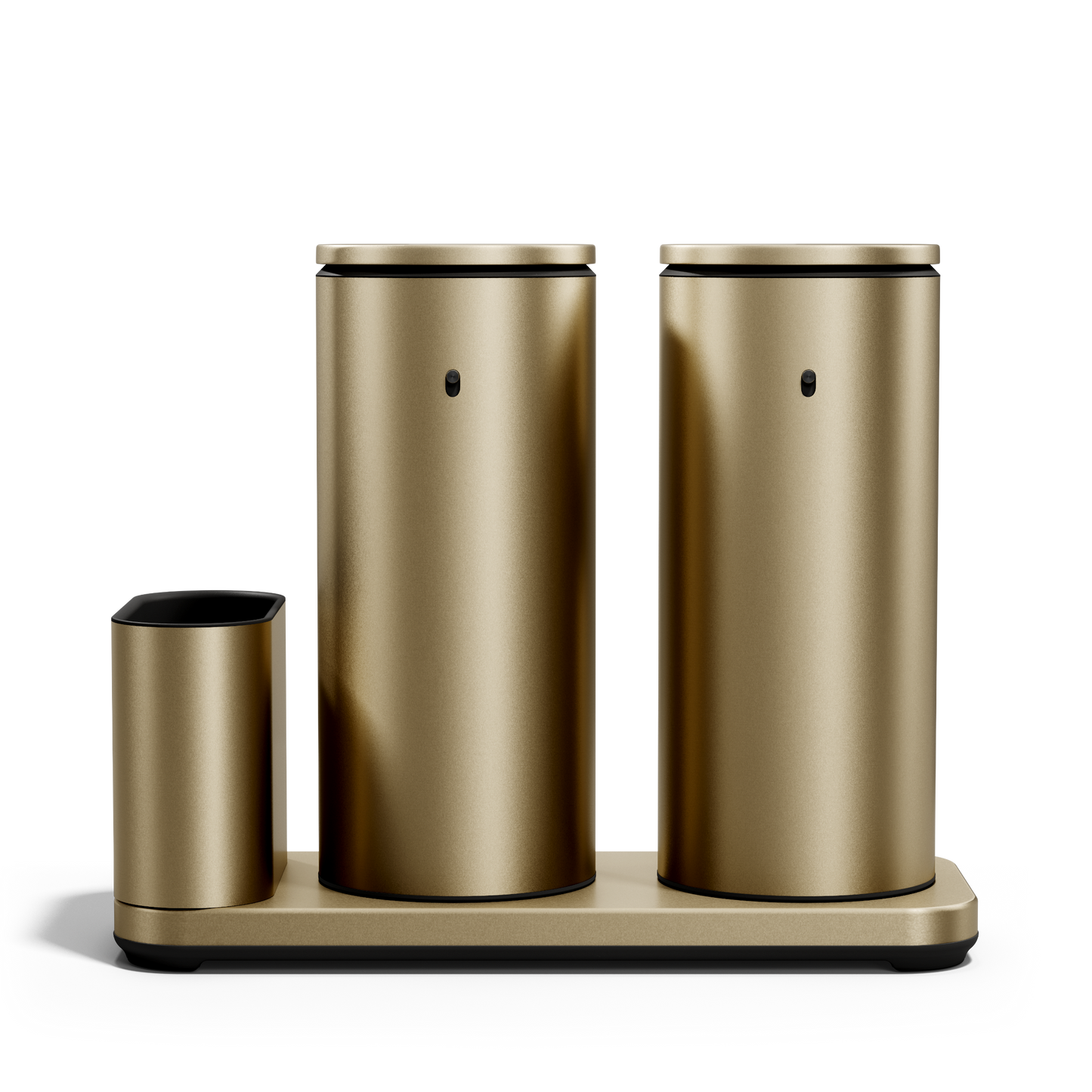 Straight-on view of Simplehuman Brushed Brass Dual Sensor Pump 14 oz. with Caddy, twin rechargeable hands-free dispensers.