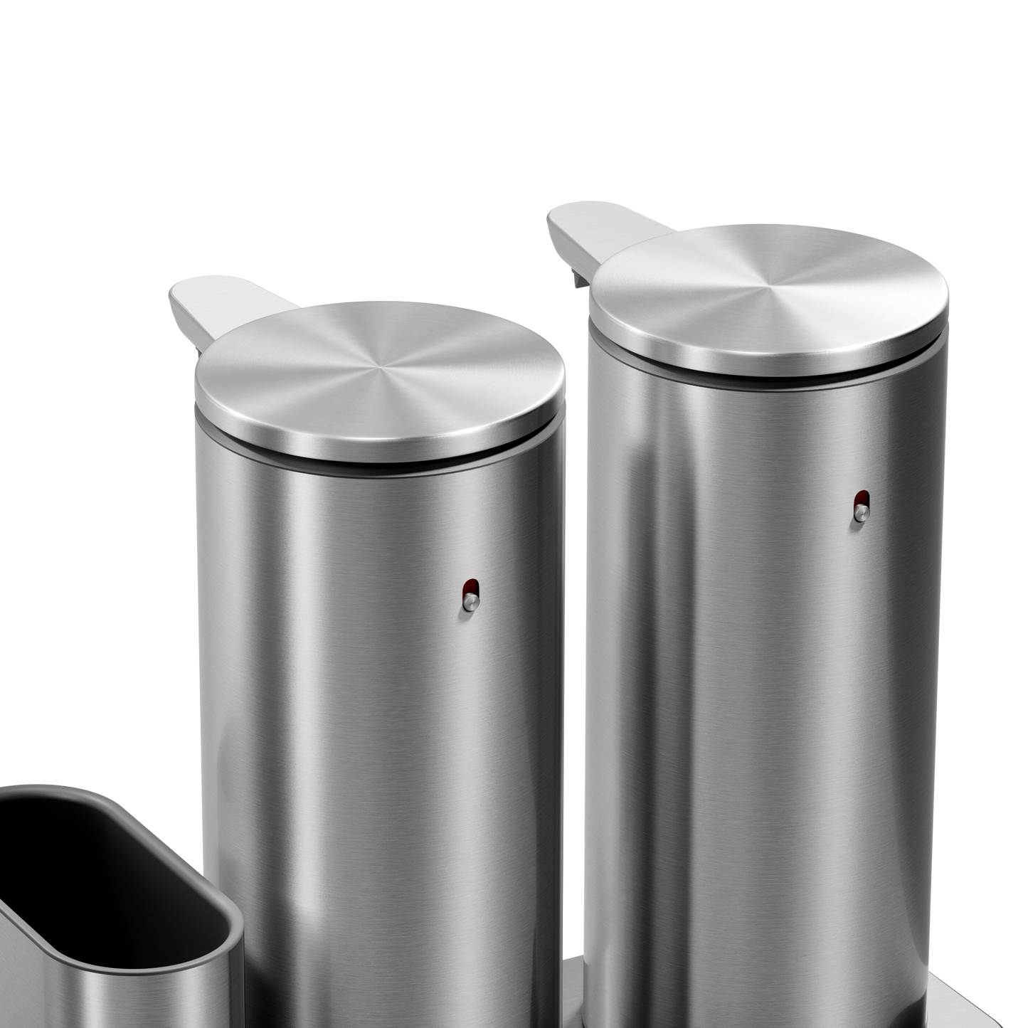 Close-up: Simplehuman Dual Sensor Pump 14 oz. in Brushed Stainless Steel, showing rechargeable, twin touch-free dispensers.