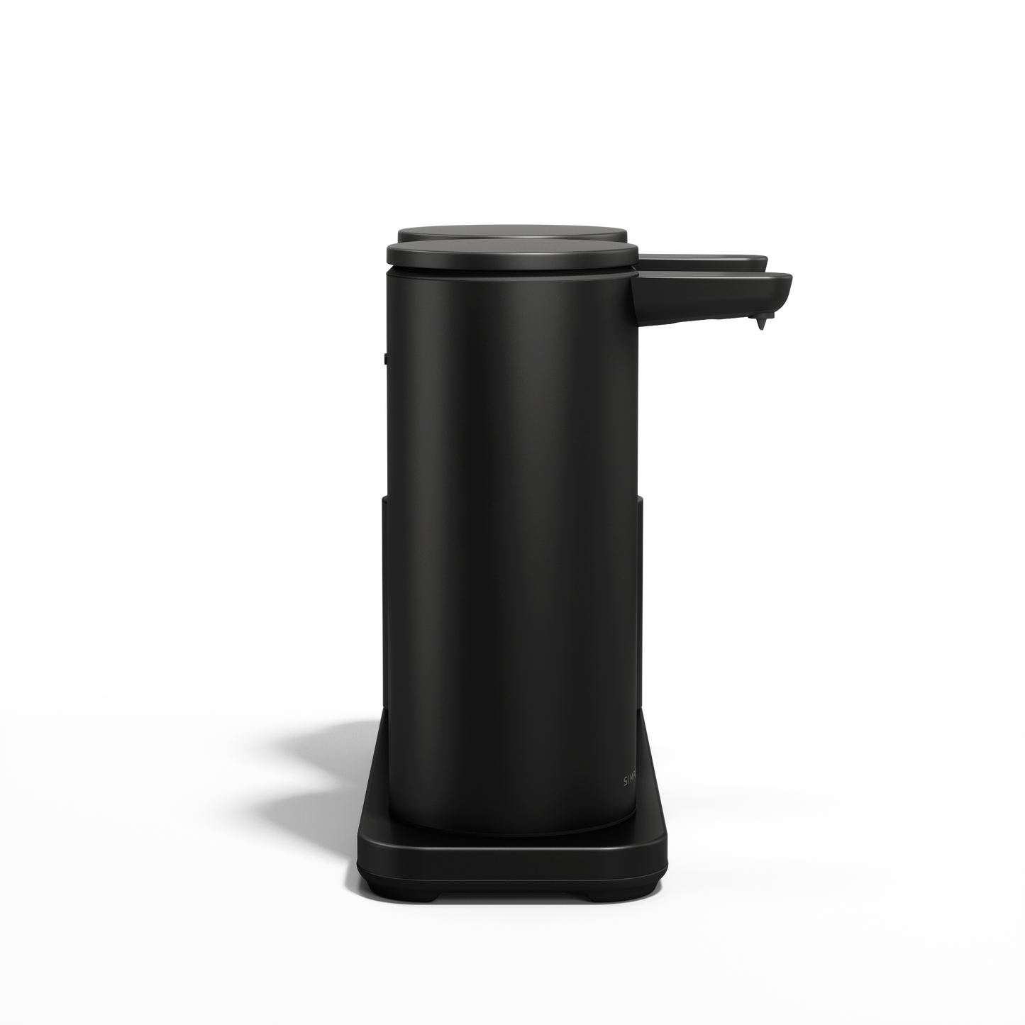 Side view of Simplehuman Matte Black Dual Sensor Pump 14 oz. with Caddy, rechargeable and hands-free.