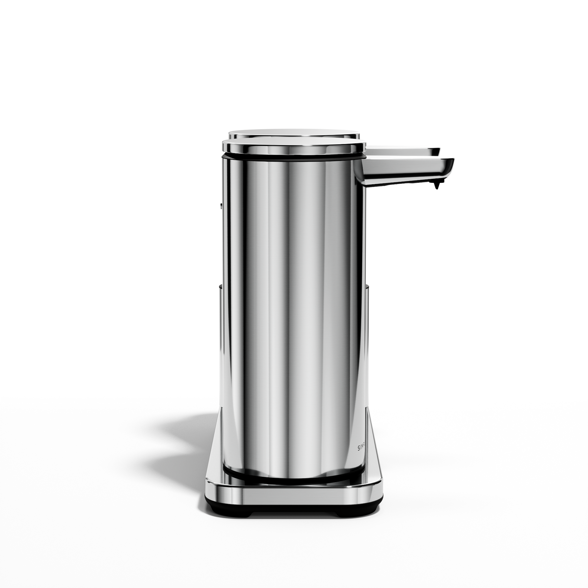 Isolated view: Simplehuman Polished Stainless Steel Dual Sensor Pump 14 oz. on caddy, rechargeable, twin touch-free dispensers.