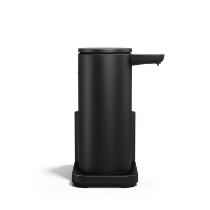 Side view of Simplehuman Matte Black 14 oz Sensor Pump + Caddy, touch-free rechargeable dispenser.