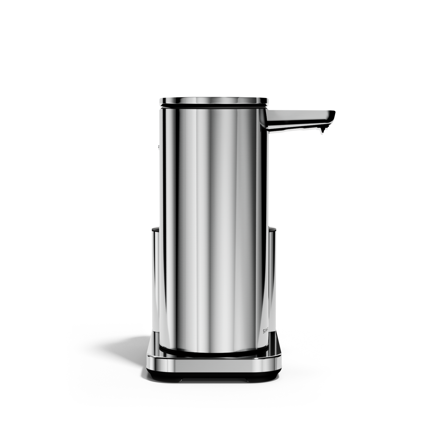 Studio front view: Simplehuman Polished Stainless Steel 14 oz Sensor Pump + Caddy, rechargeable touch-free dispenser.