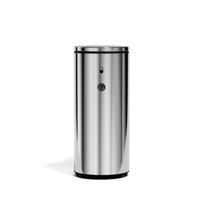 Straight-on view of Simplehuman 9 oz. Rechargeable Sensor Pump in Polished Stainless Steel, touch-free, adjustable dosage.