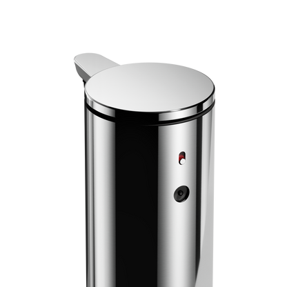 Detail view of Simplehuman 9 oz. Sensor Pump in Polished Stainless Steel, showing the adjustable dosage dial and touch-free sensor.