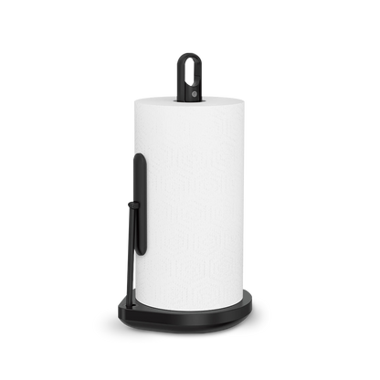Simplehuman Matte Black Paper Towel Holder with Spray, quick-tear arm and removable spray handle.