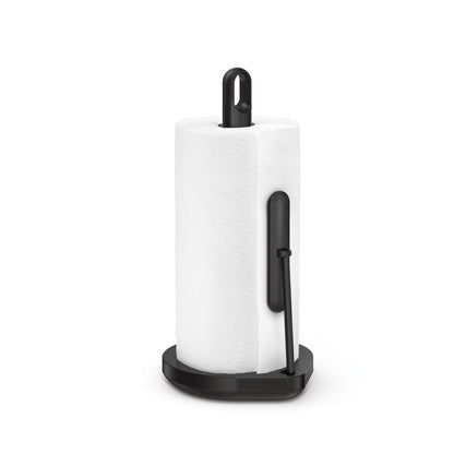 Simplehuman Matte Black Tension Arm Paper Towel Holder, adjustable tension arm ensures one-handed tear.