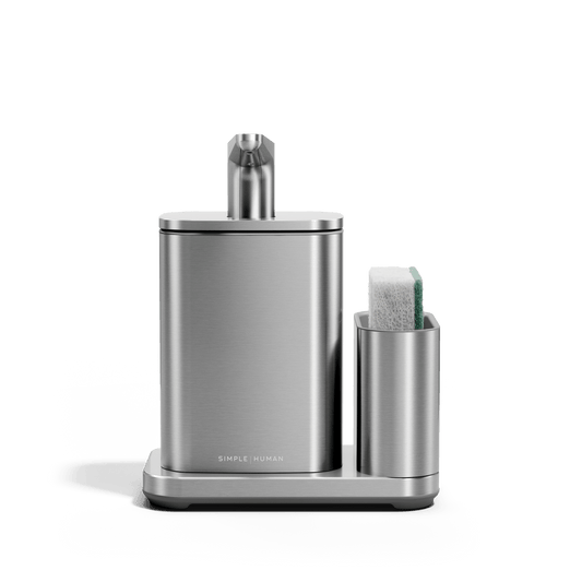 Front view of Simplehuman Brushed stainless steel Pulse Pump with Caddy.