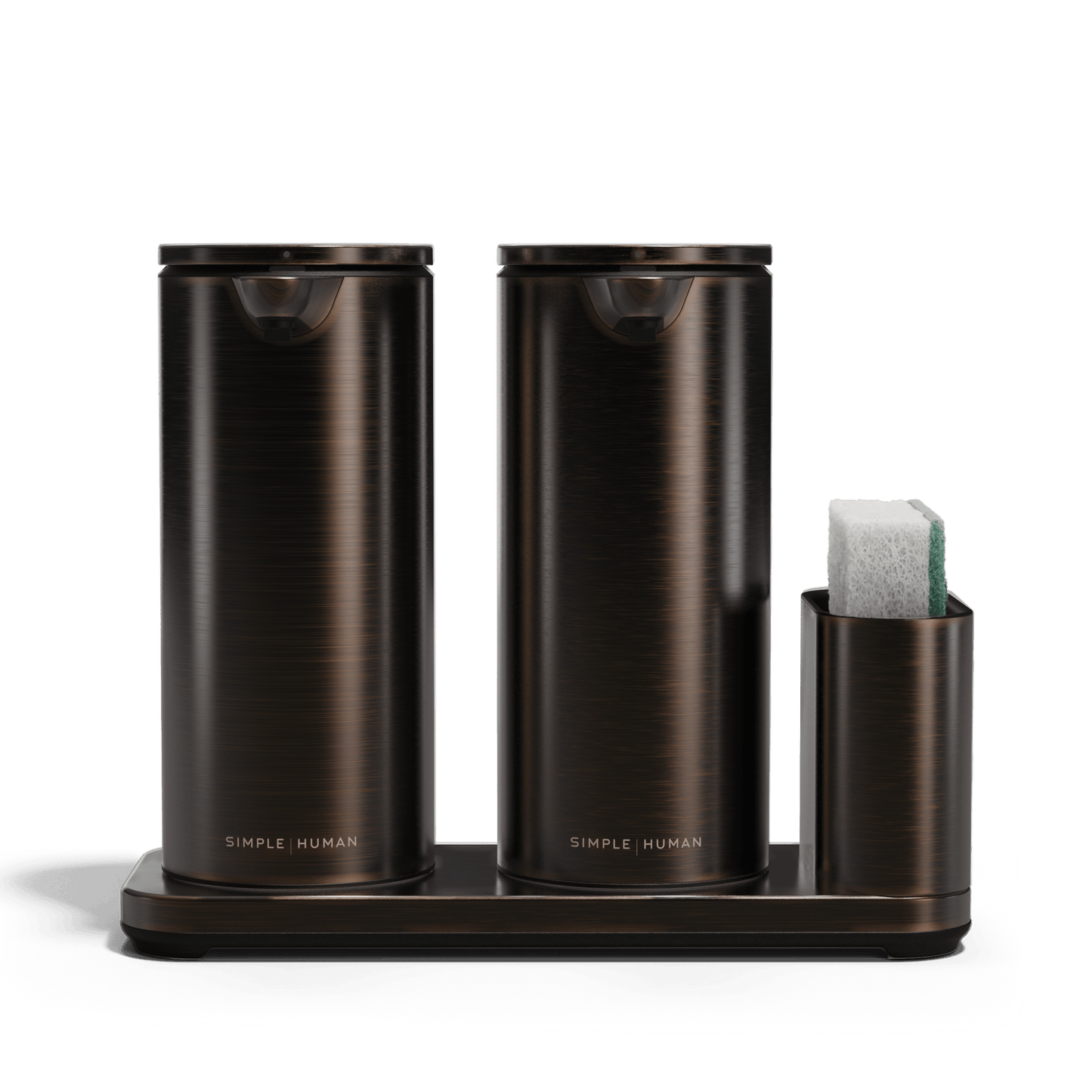 Studio view: Simplehuman Dark Bronze Dual Sensor Pump 14 oz. with integrated sponge caddy, twin rechargeable, hands-free.