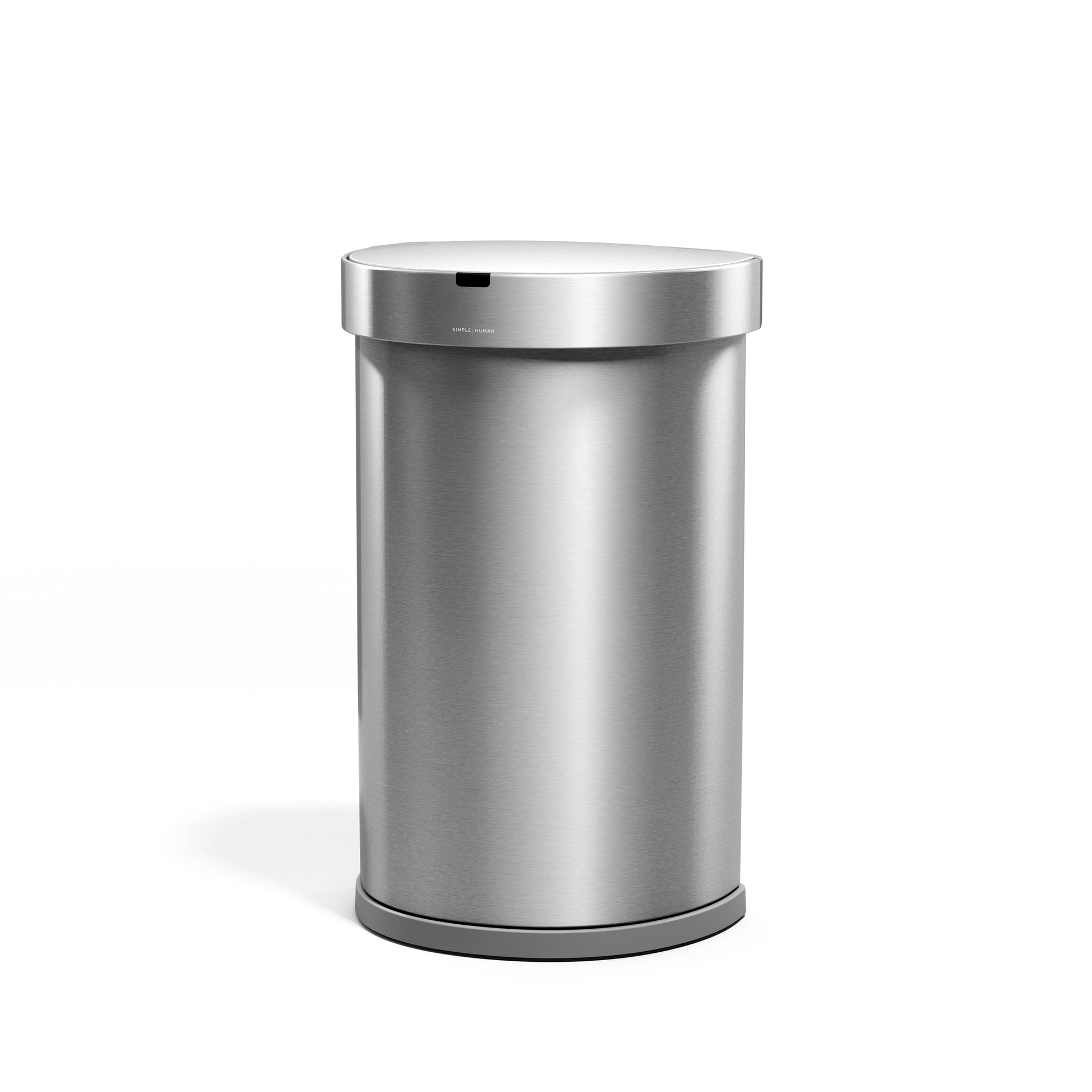 Angled view of Simplehuman 45L Semi-Round Sensor Can, Brushed Stainless Steel, touch-free operation.