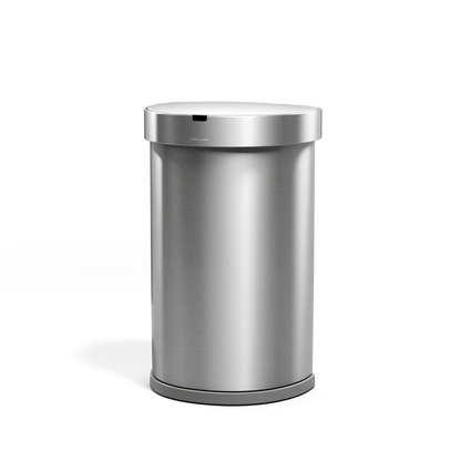 Angled view of Simplehuman 45L Semi-Round Sensor Can, Brushed Stainless Steel, touch-free operation.