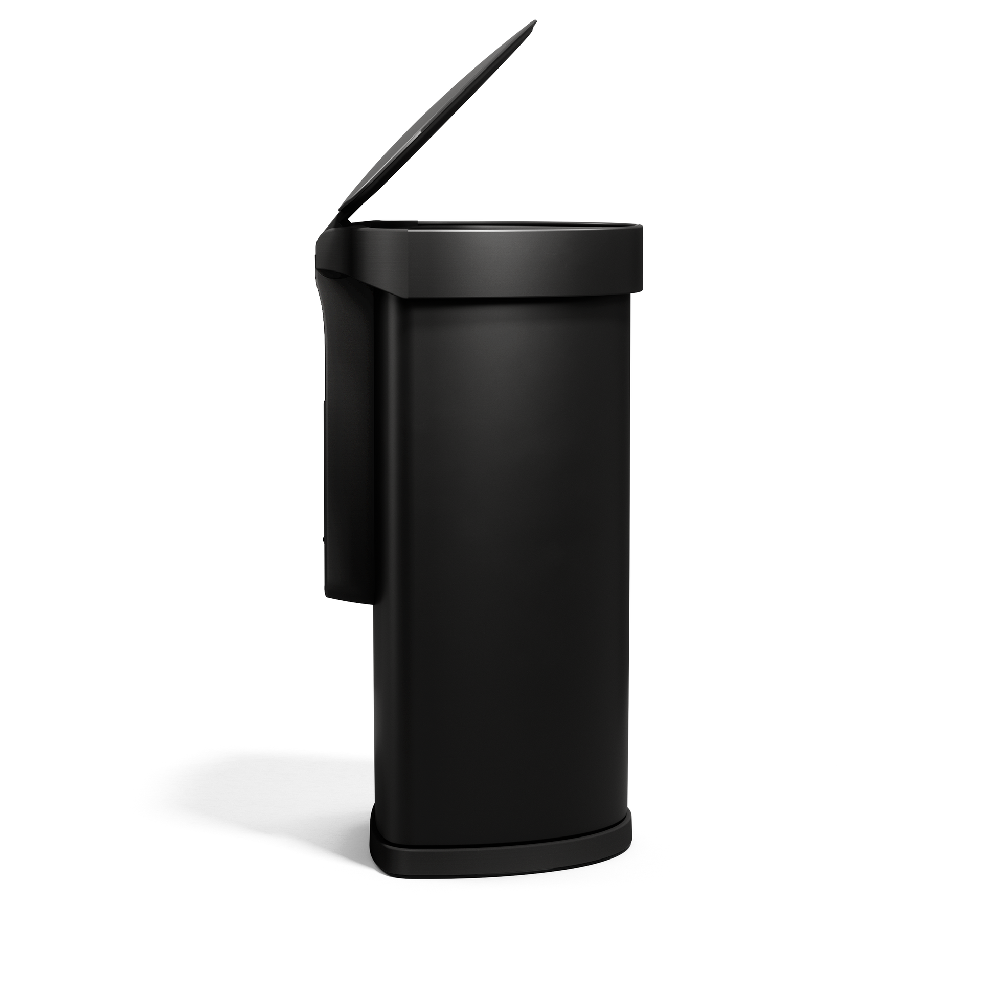Side view of Simplehuman 45L Semi-Round Sensor Can, Matte Black, lid open, showing built-in liner pocket.