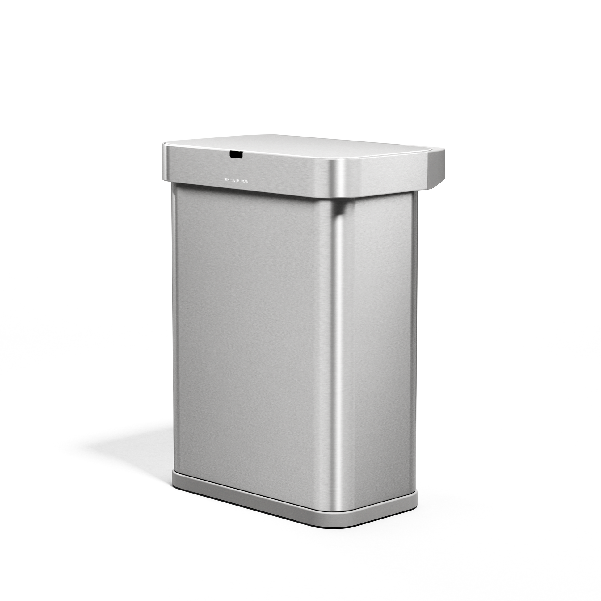 Angled view of Simplehuman 58L Rectangular Sensor Can in Brushed Stainless Steel, touch-free operation.