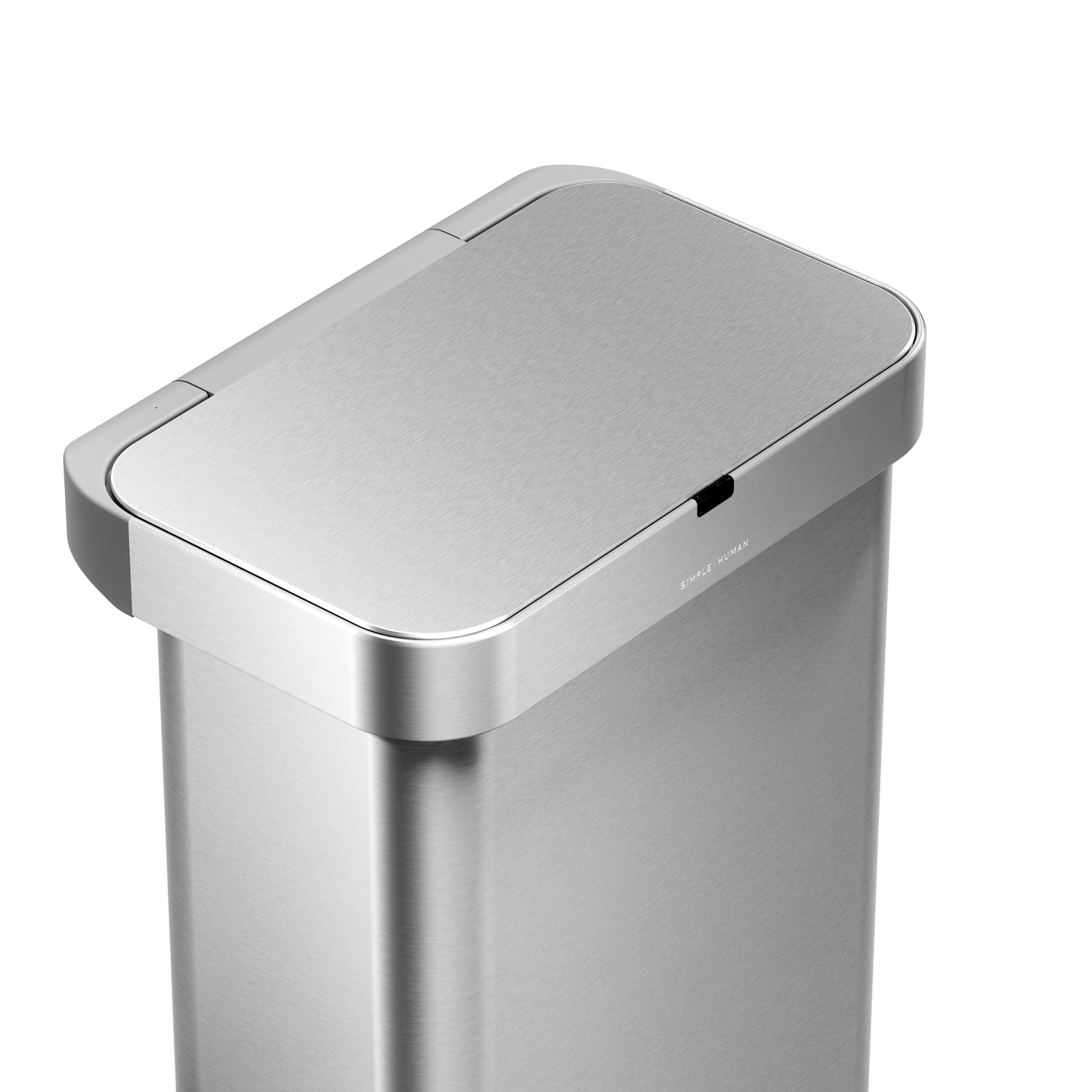 Detail view of Simplehuman 58L Rectangular Sensor Can in Brushed Stainless Steel showing touch-free sensor lid.