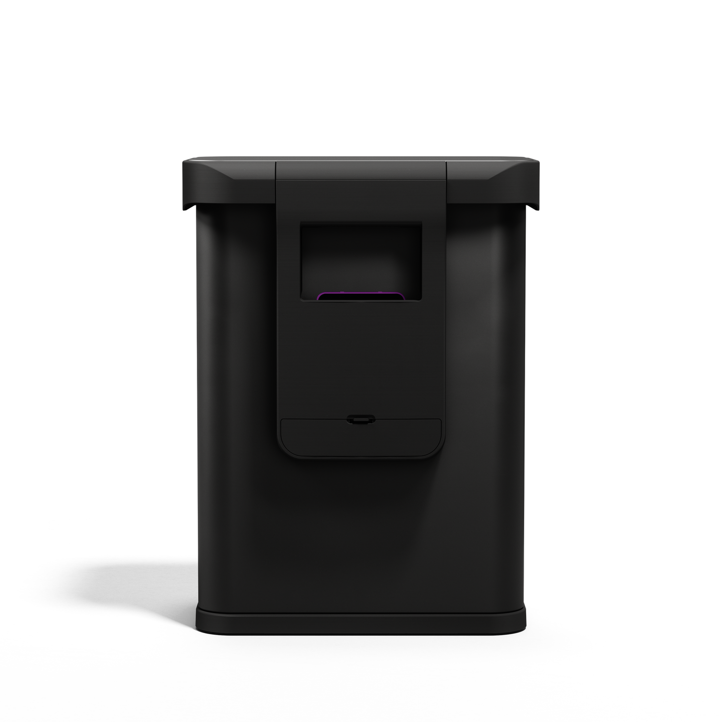 Back view of Simplehuman 58L Sensor Can in Matte Black, showing the lid hinge and rear access panel.