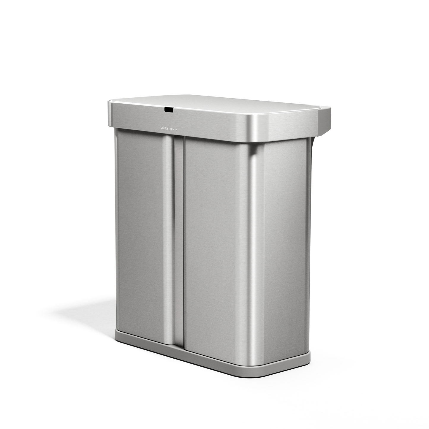 Angled view of Simplehuman 58L Sensor Recycler, Brushed Stainless Steel, touch-free dual bin for trash and recycling.