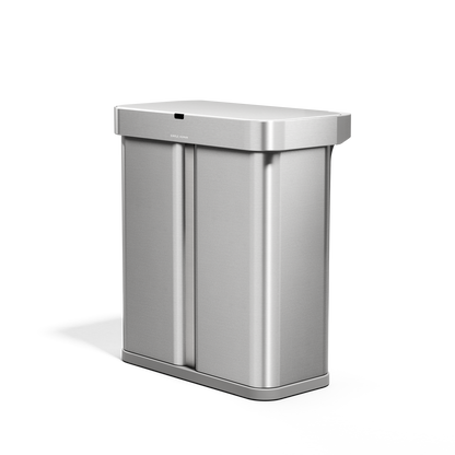 Angled view of Simplehuman 58L Sensor Recycler, Brushed Stainless Steel, touch-free dual bin for trash and recycling.
